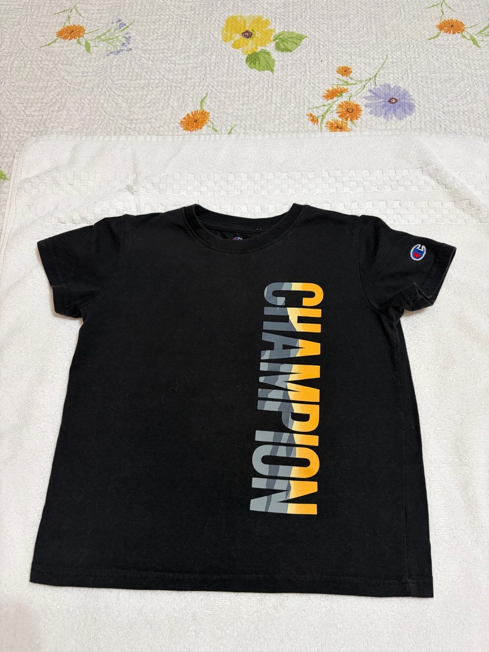 Champion Black Tee with Vertical Gray and Yellow Logo(4)